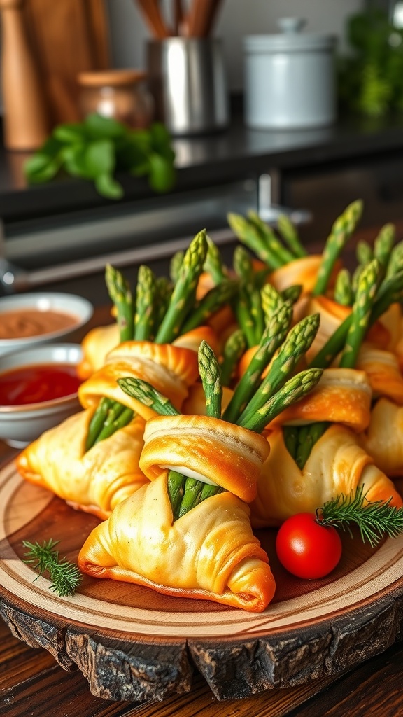 Golden puff pastry bundles filled with asparagus and cheese, garnished with cherry tomatoes on a wooden platter.